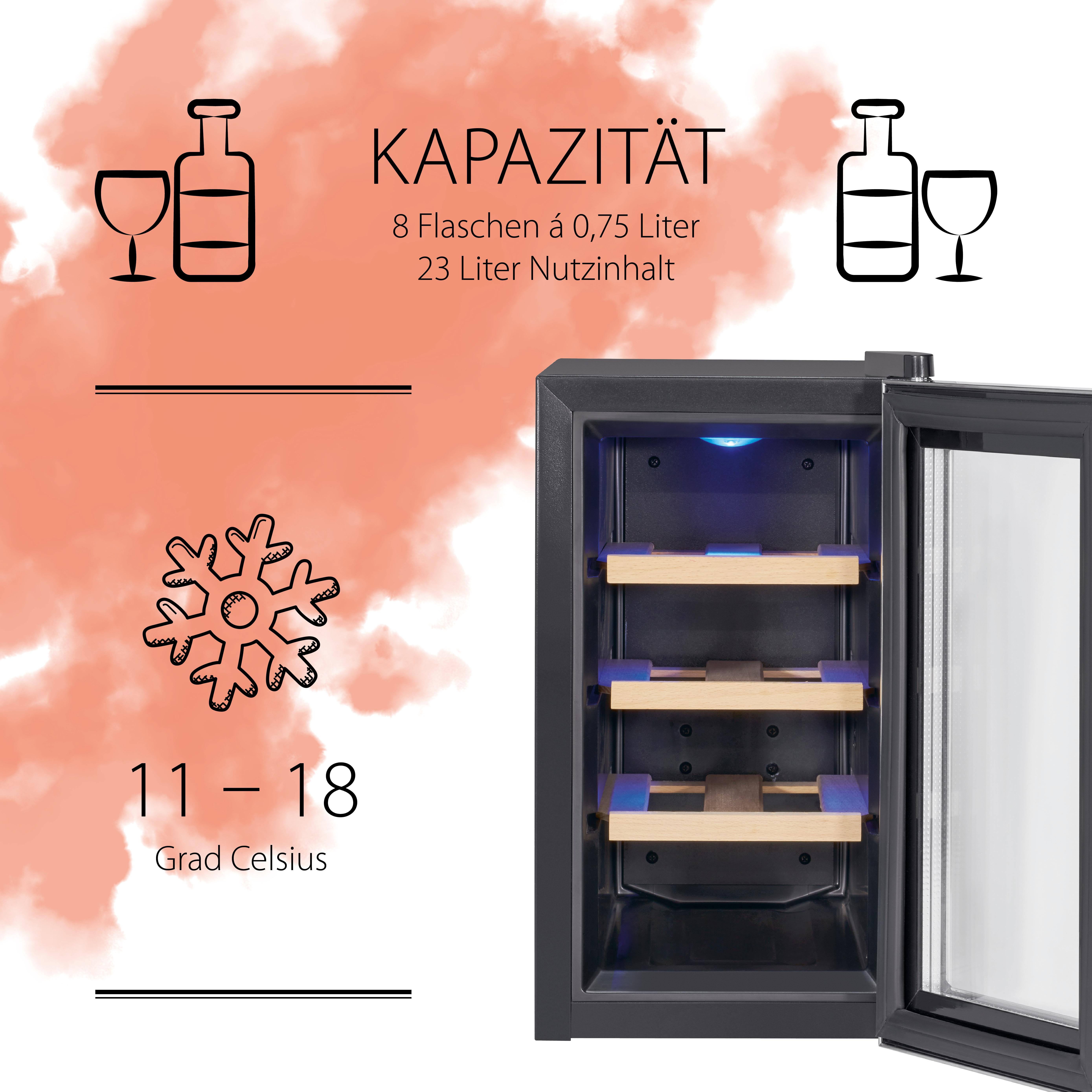 Weinkühler mit offener Tür. Es hat Holzregale, eine Kapazität von 8 Flaschen und einen Temperaturbereich von 11-18 Grad Celsius.