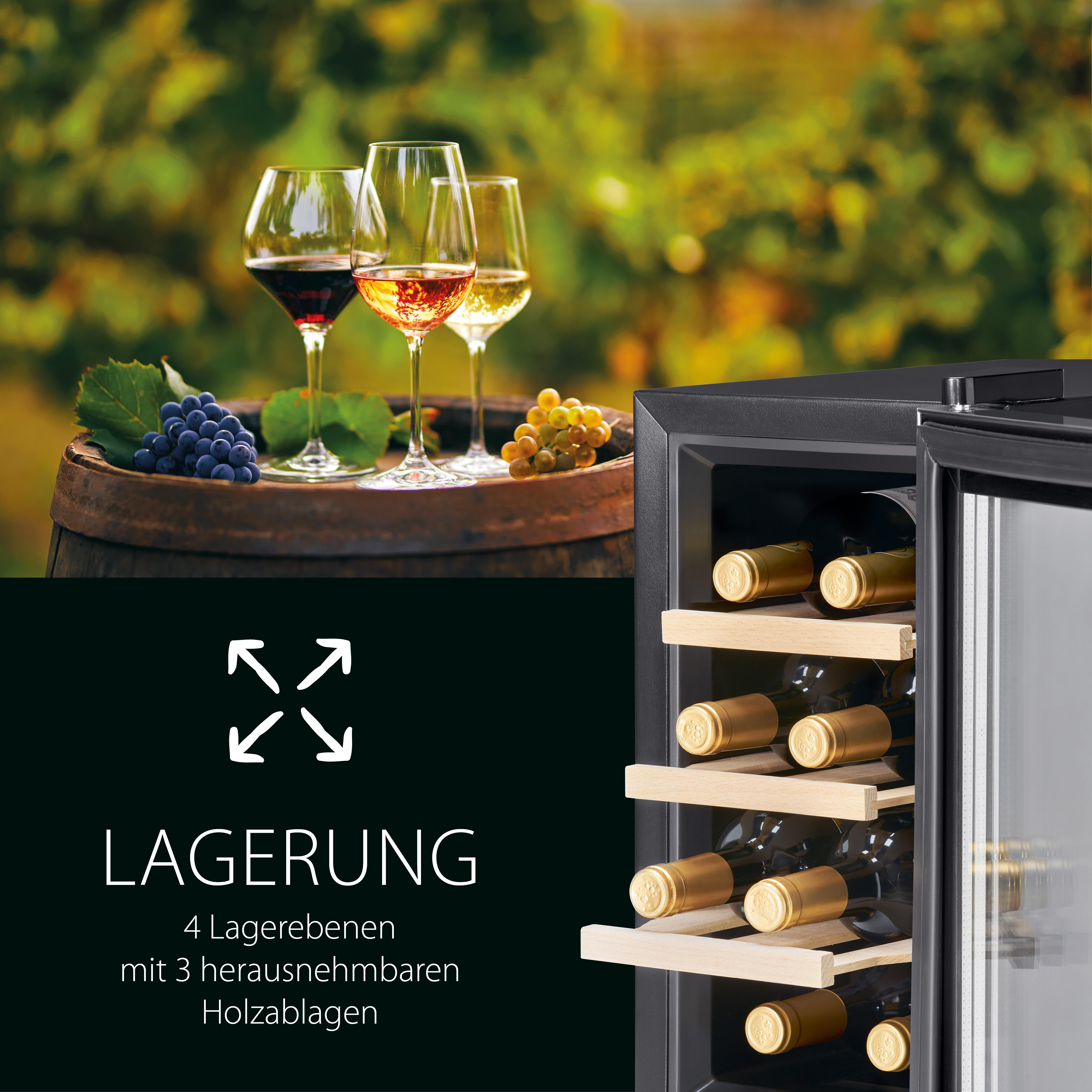 Weingläser mit Rot-, Rosé- und Weißwein auf einem Fass mit Trauben, Weinkühler rechts und Text über die Lagerung.
