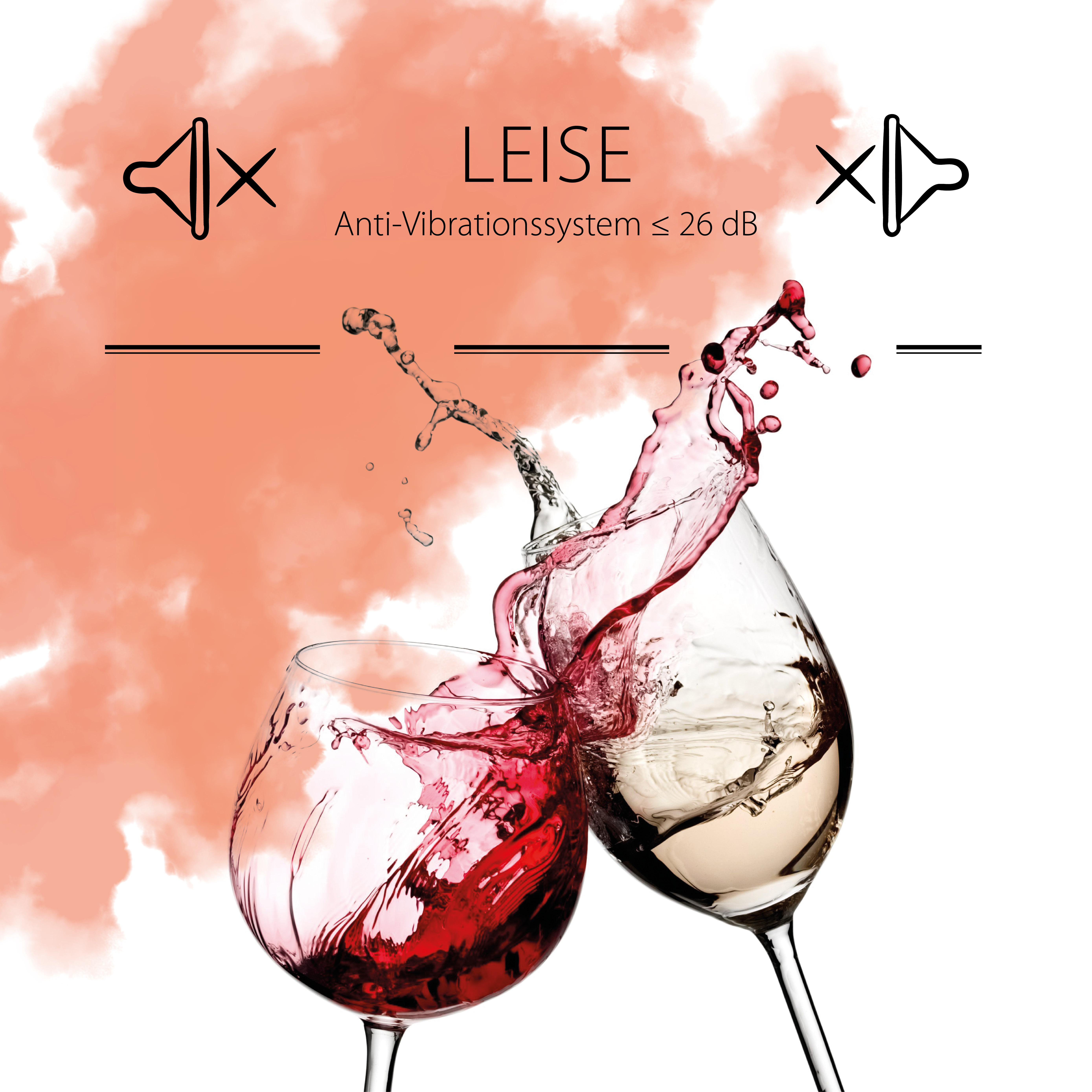Zwei Weingläser stoßen an, Rot- und Weißwein spritzen nach oben. Text LEISE, Anti-Vibrationssystem ≤ 26 dB und Lautsprechersymbole.