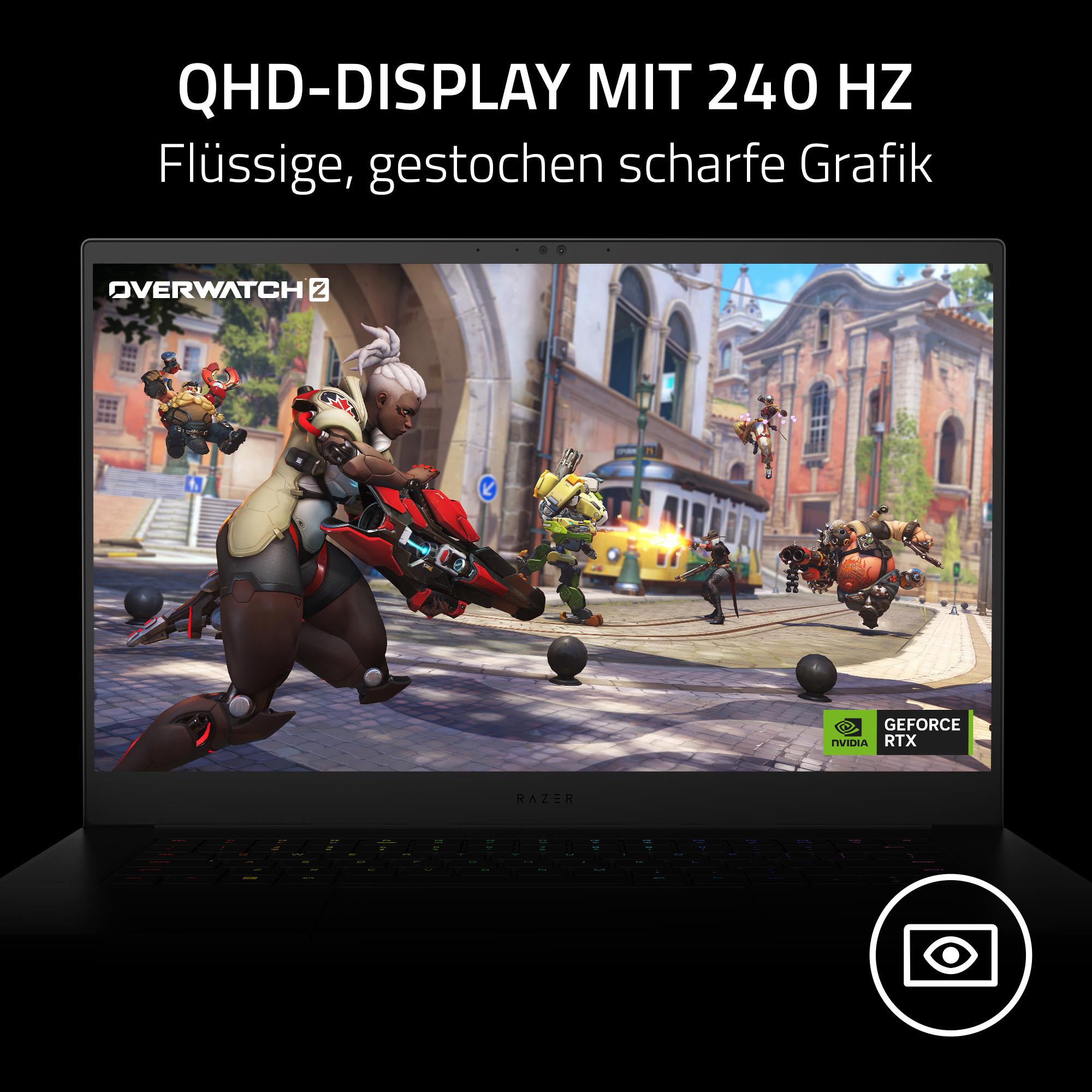 Laptop mit Overwatch 2-Spiel, Charaktere in Aktion. Schwarzer Laptop mit Razer-Logo, Nvidia GeForce RTX.