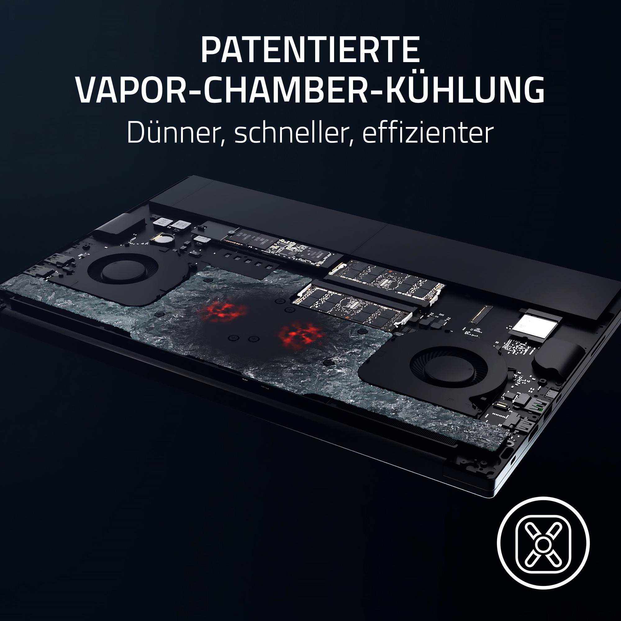 Ansicht des Laptop-Innenraums. Dampfkammer-Kühlsystem mit roten Wärmeindikatoren und Lüfter sichtbar. Text: Patentierte Vapor-Chamber-Kühlung.