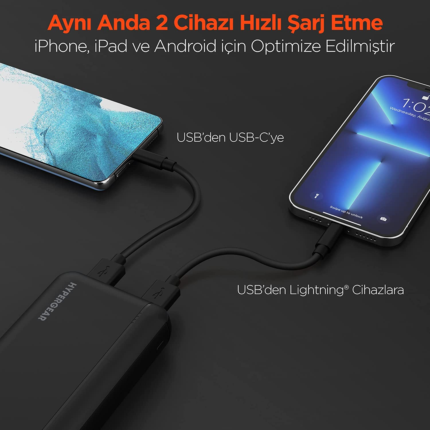 USB kablolarıyla siyah bir güç bankası tarafından şarj edilen iki telefon.