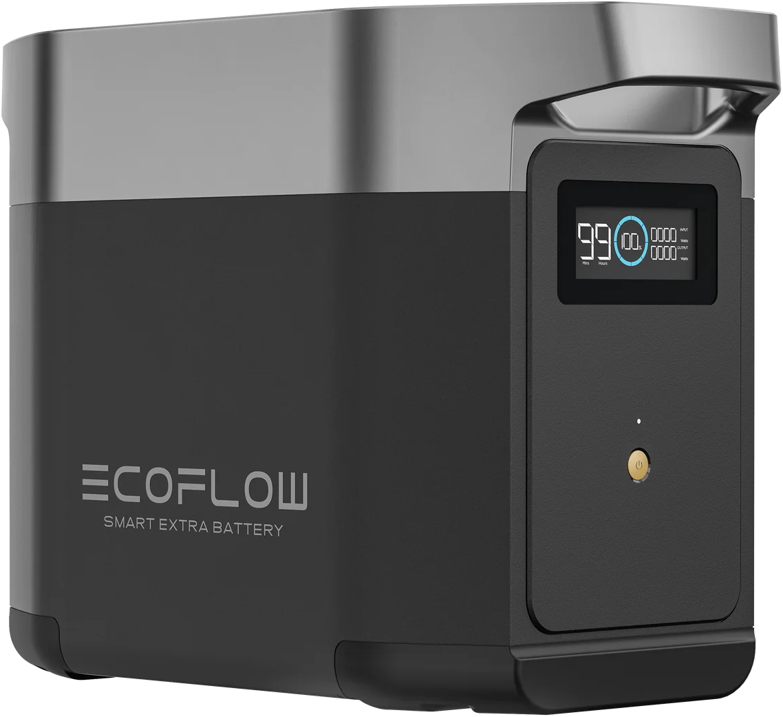 Szürke EcoFlow hordozható erőmű, 99%-os digitális kijelzővel.