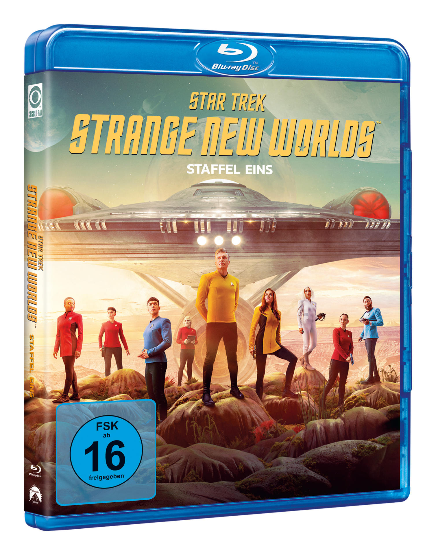 Blu-ray-Disc von Star Trek: Strange New Worlds, mit Besetzung auf dem Cover und Weltraumszene.