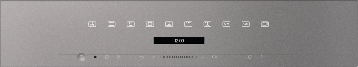 Ein Bedienfeld mit Symbolen, einer Digitaluhr und Touch-Bedienelementen.