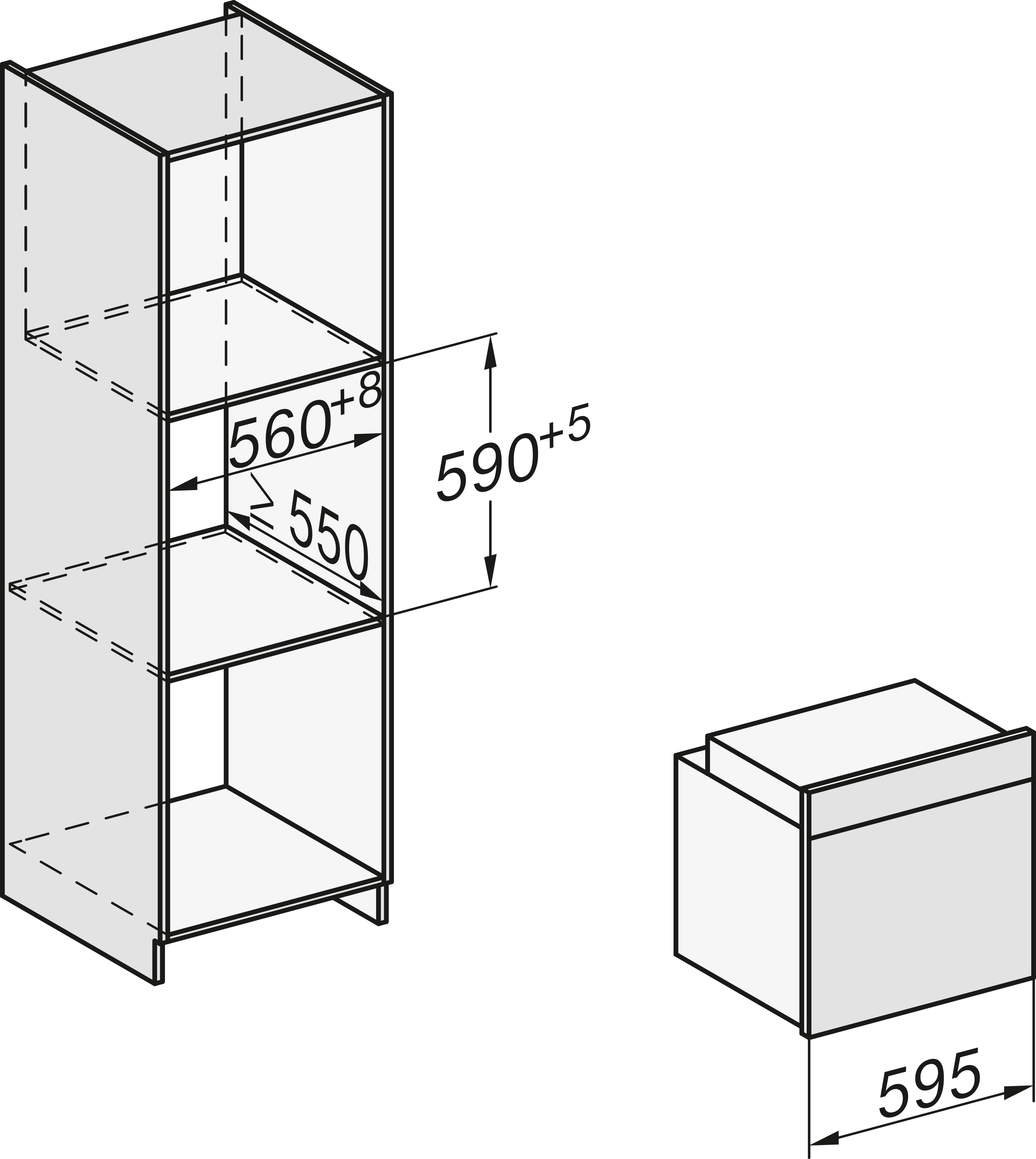 Diagramm eines Einbauofens und eines Aufbewahrungsschranks mit Abmessungen und Innenmaßen.
