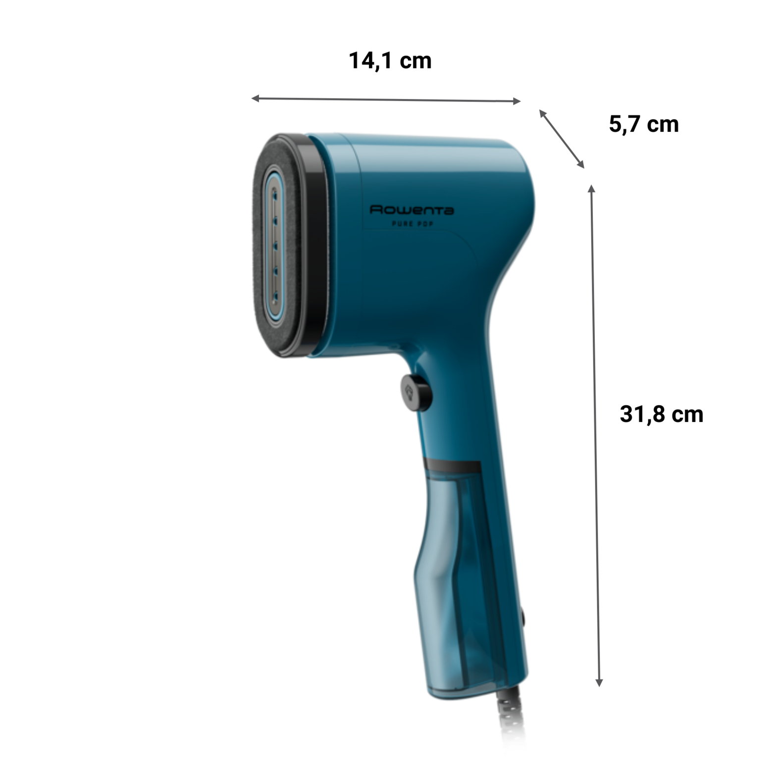Un vaporizador de tela turquesa con dimensiones. Medidas: 14,1 cm, 5,7 cm y 31,8 cm.