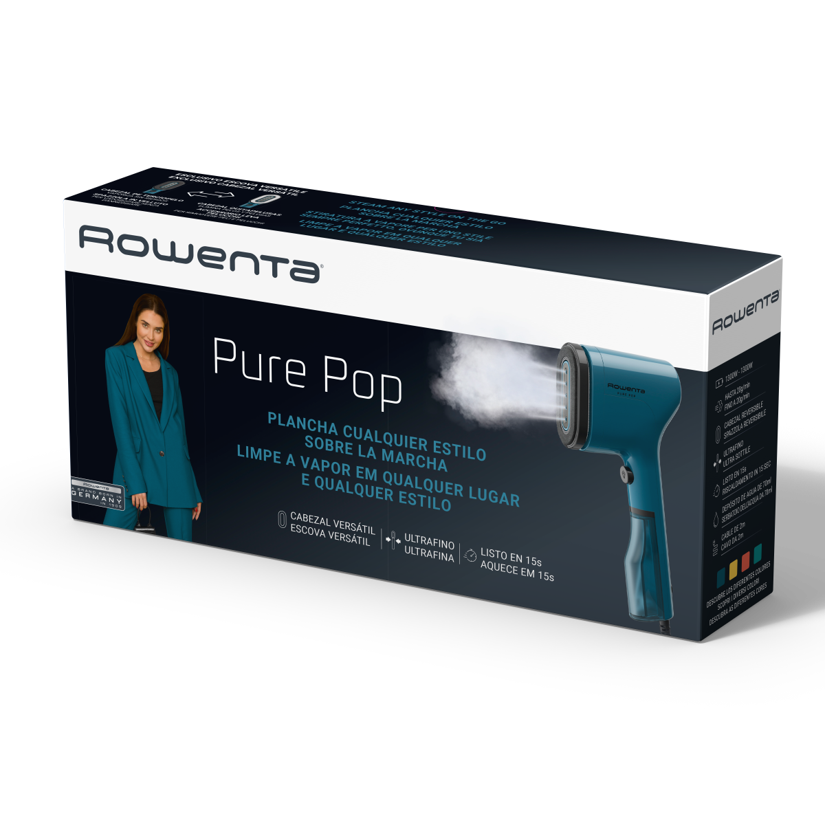 Una caja de plancha a vapor Rowenta Pure Pop con una mujer y la plancha.