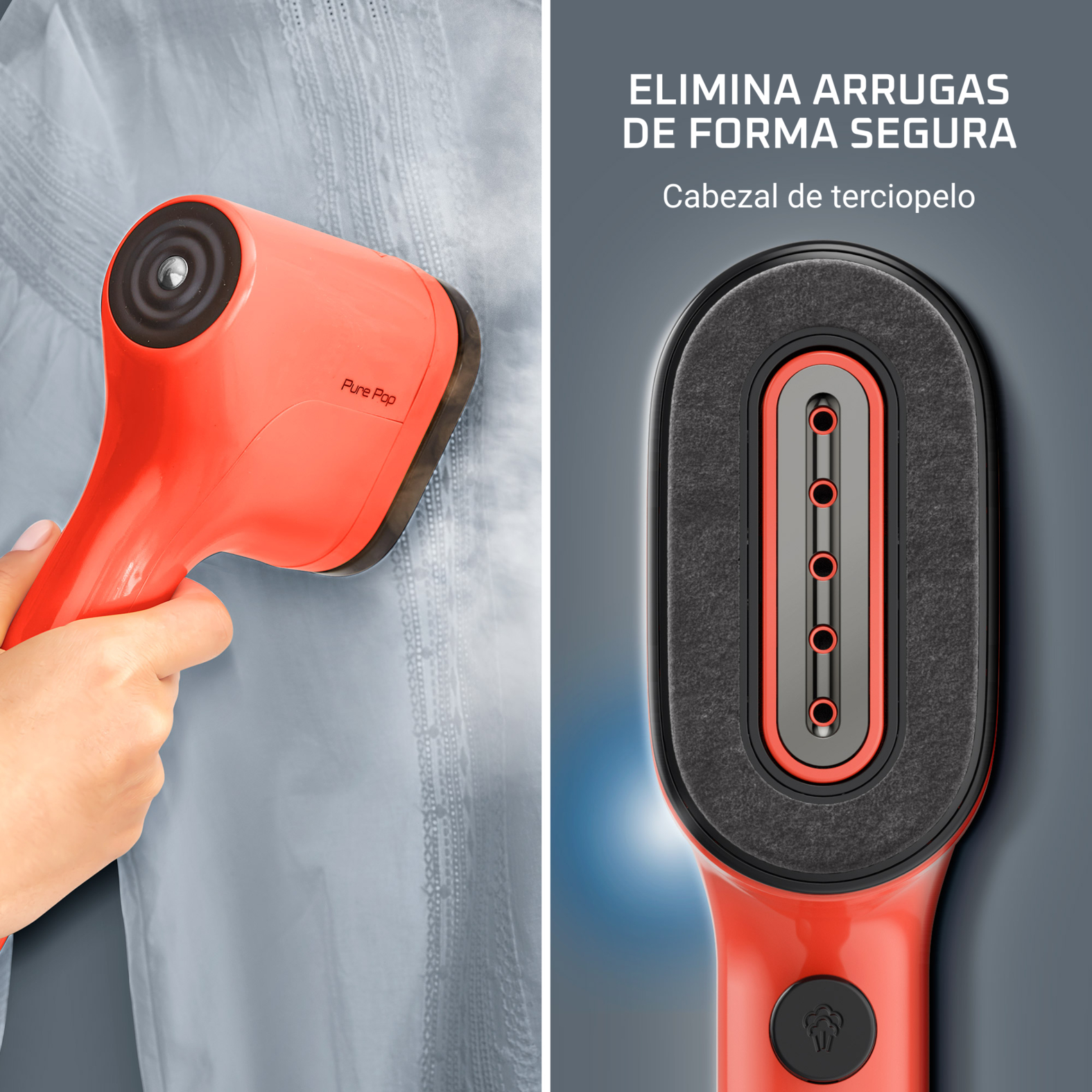 Una persona planchando una camisa con un vaporizador de ropa Pure Pop rojo, primer plano del cabezal de vapor.