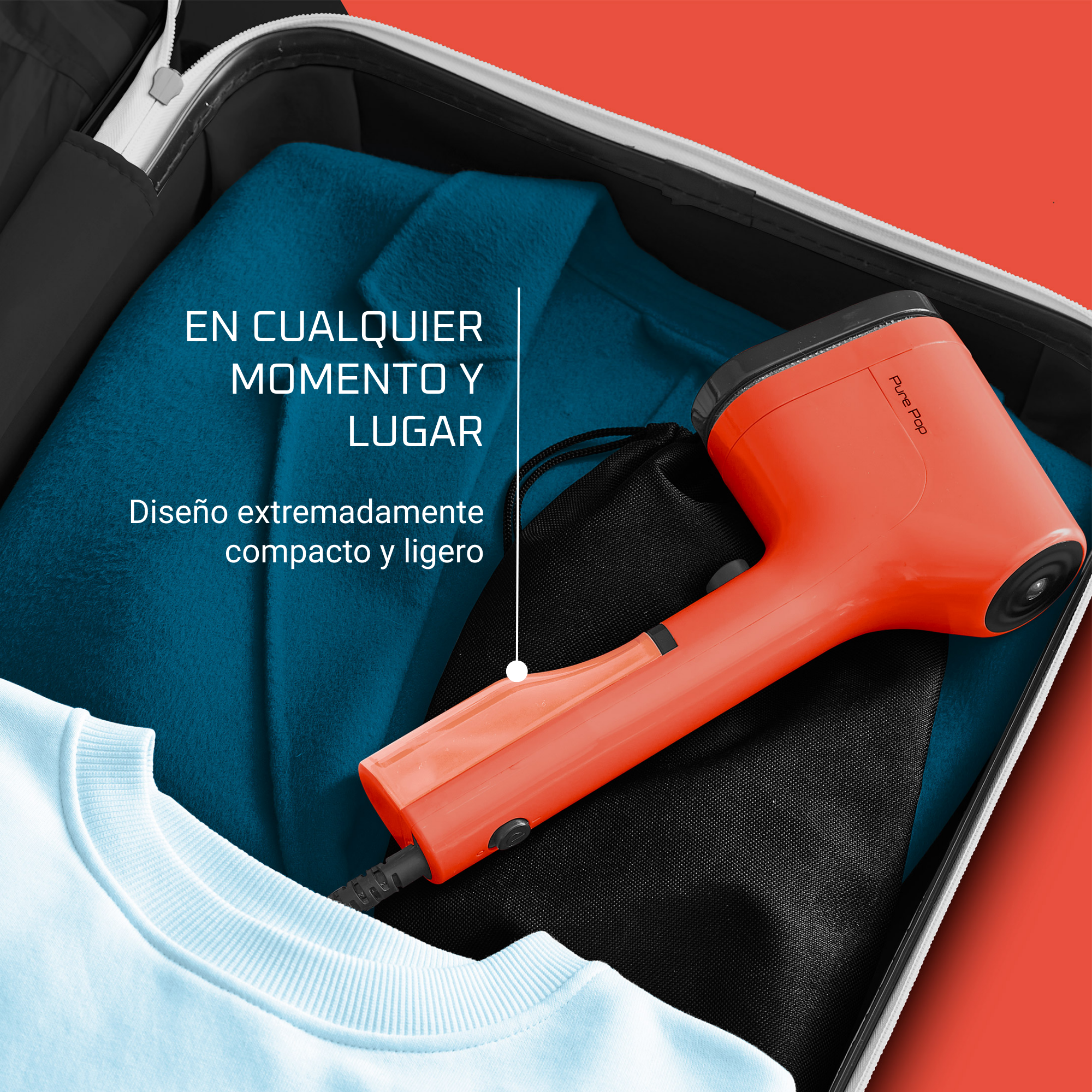 Un vaporizador de viaje naranja en una maleta con texto en español.