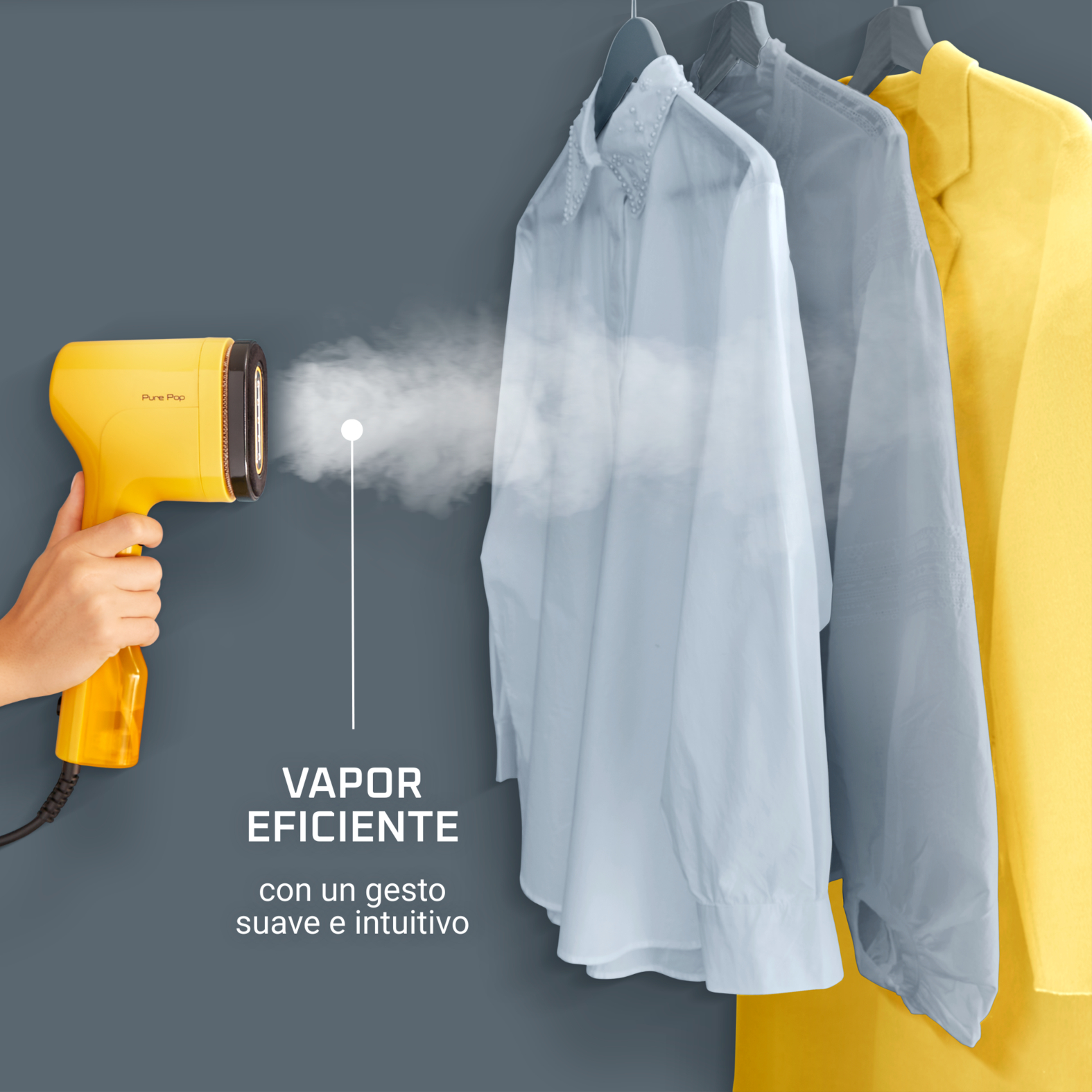 Un vaporizador Pure Pop amarillo con vapor y tres camisas colgando.