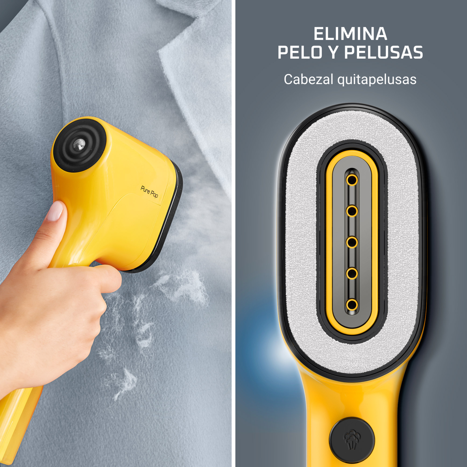 Un vaporizador de tela amarillo se usa en una prenda. La cabeza muestra un quitapelusas.