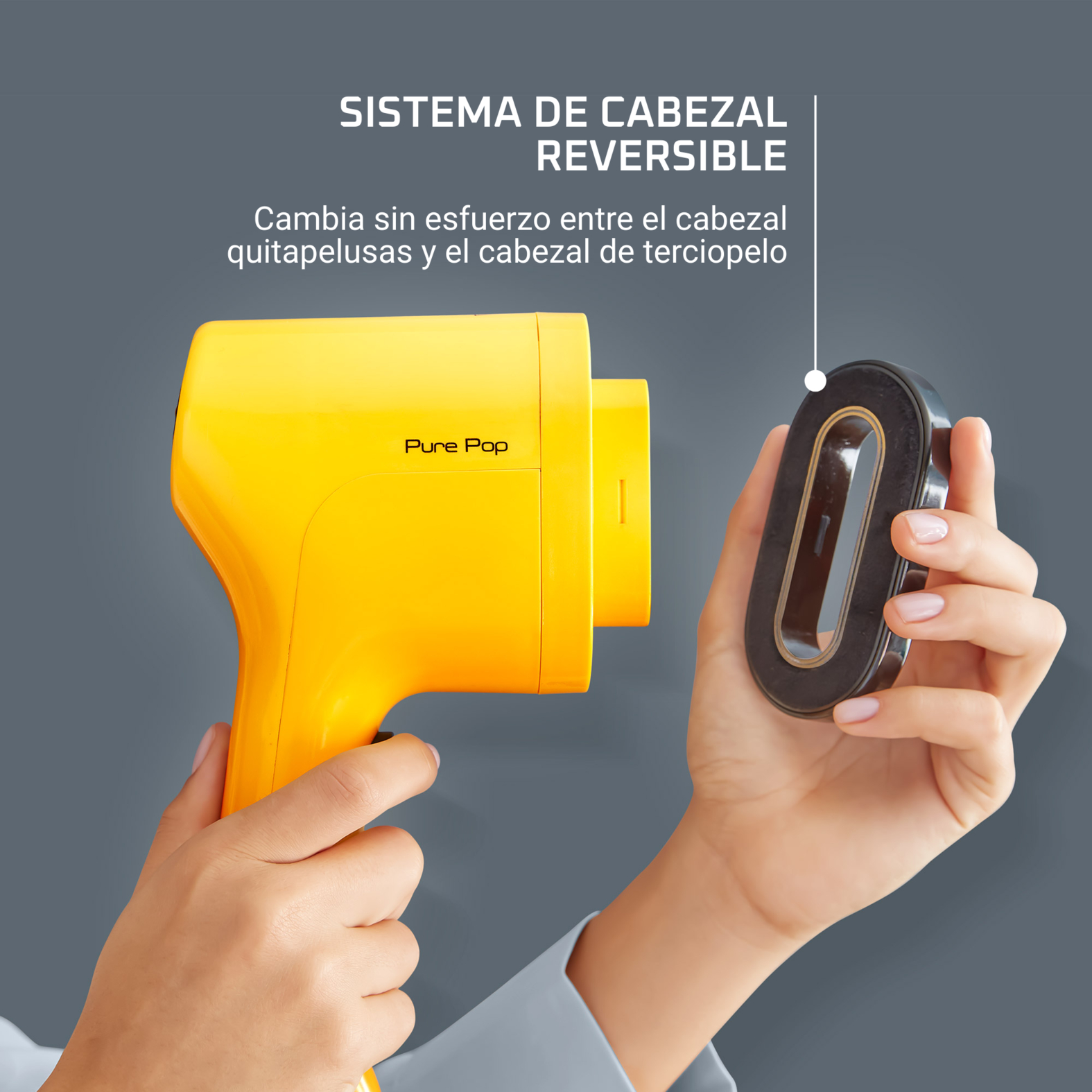 Secador amarillo con accesorio negro en manos, texto arriba.