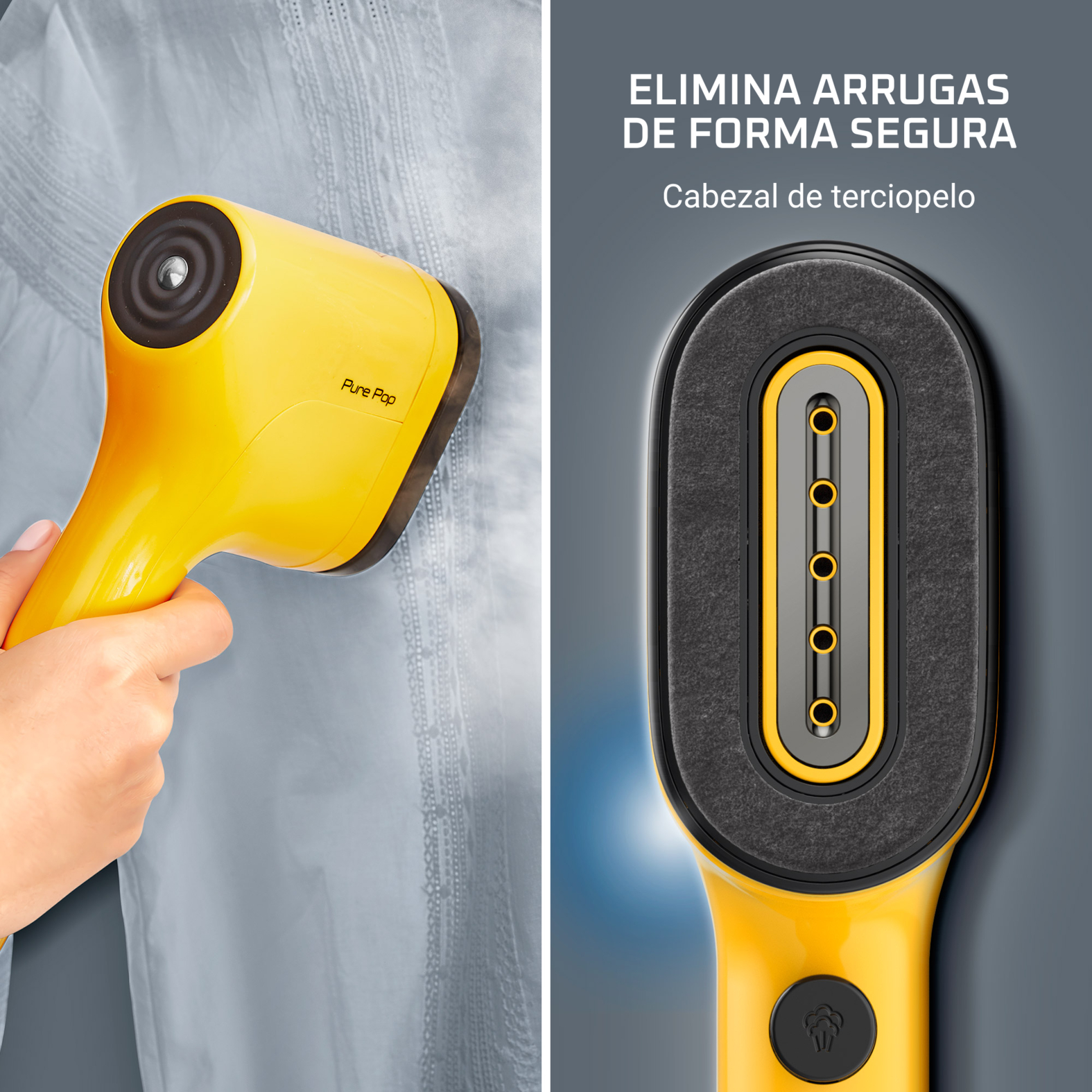Vaporizador de ropa amarillo, a la derecha, primer plano de la cabeza.