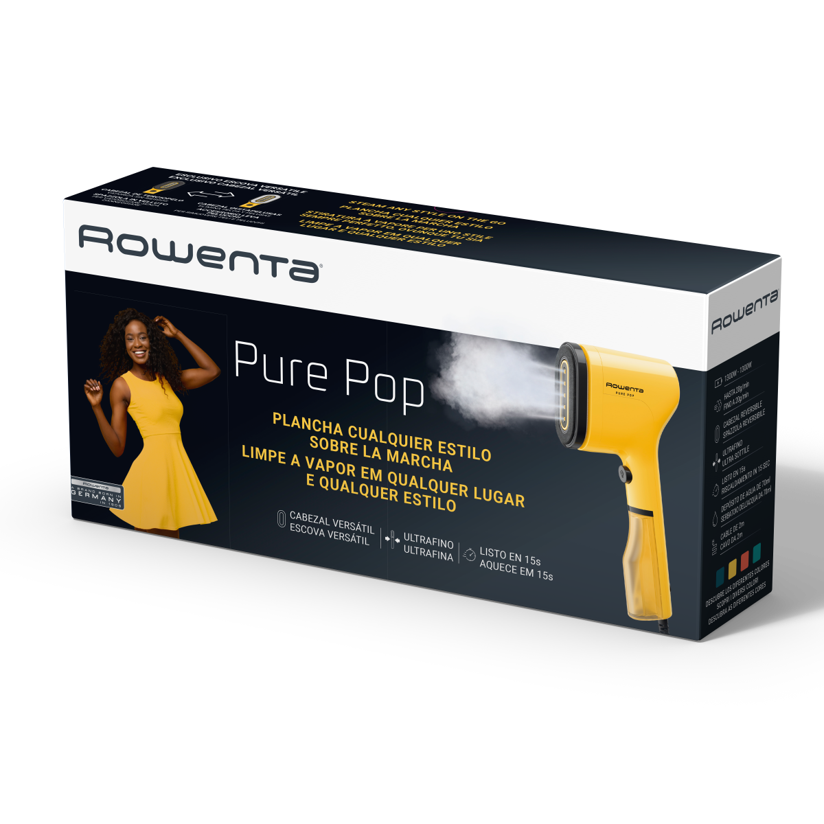 Caja de un vaporizador Rowenta Pure Pop amarillo con detalles y una mujer con vestido amarillo.
