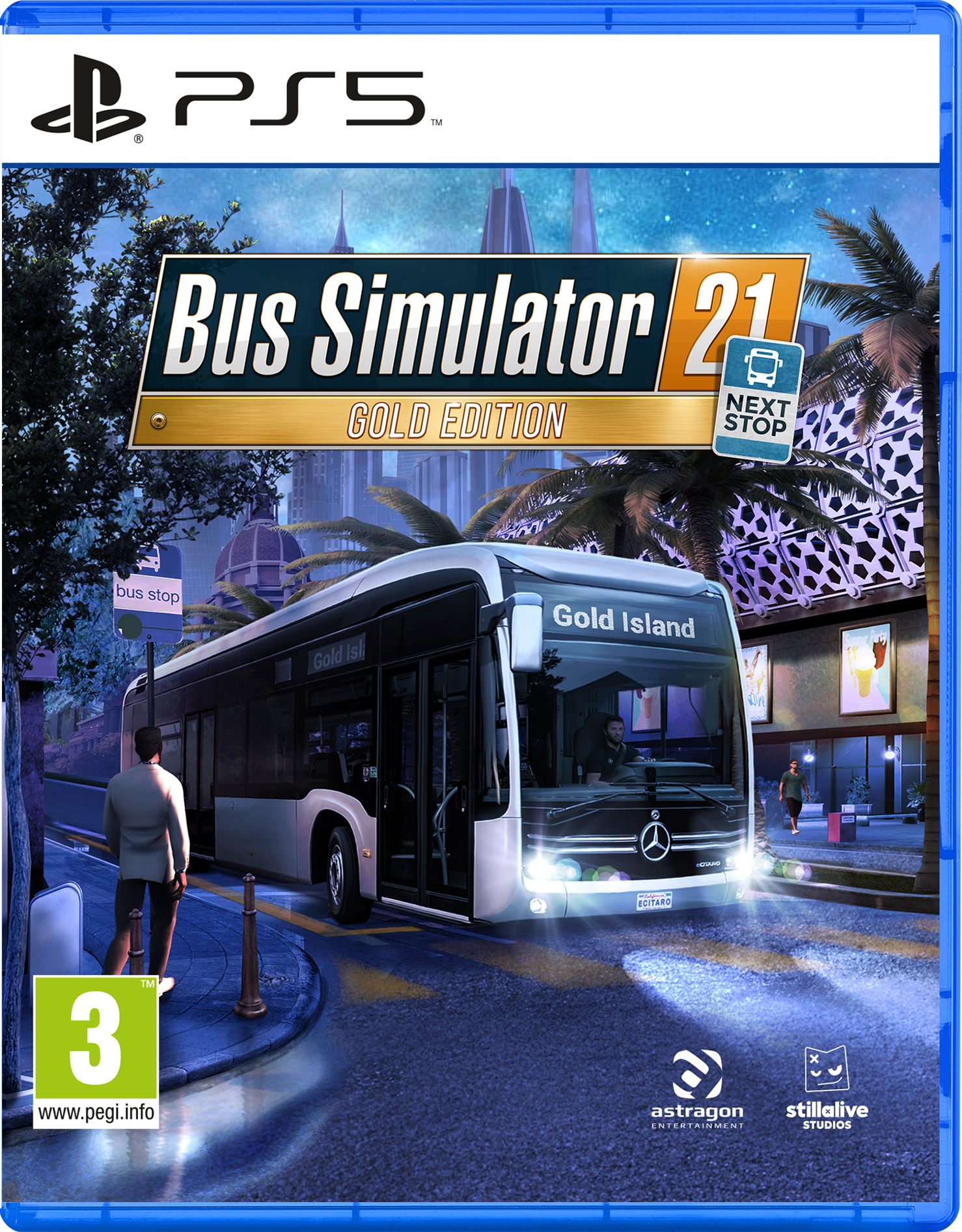 Bus Simulator 21 Gold Edition gamecover met een bus in een straat.