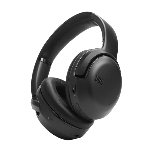 Auriculares JBL negros sobre la oreja, con controles y logo visibles.
