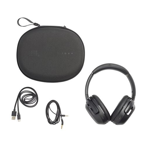 Auriculares y accesorios JBL, incluyendo estuche, cable USB y cable auxiliar.