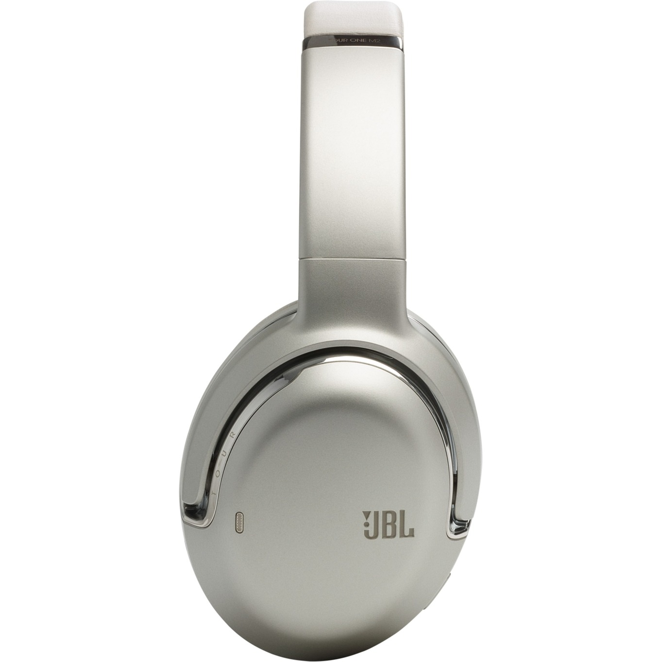 Auriculares JBL plateados, vista en ángulo, mostrando el logo de JBL.