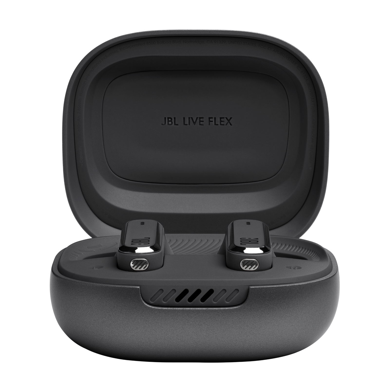 Estuche negro abierto con dos auriculares JBL Live Flex negros dentro.