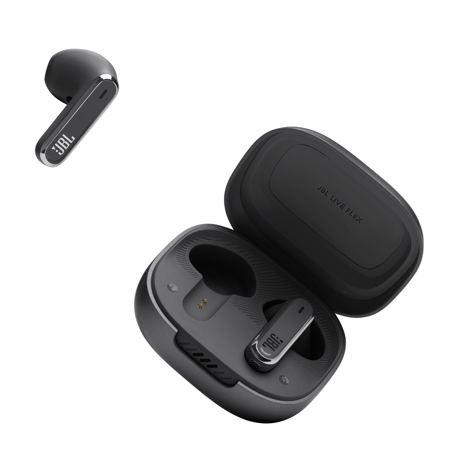 Auriculares JBL negros y estuche de carga sobre fondo oscuro. Un auricular separado.