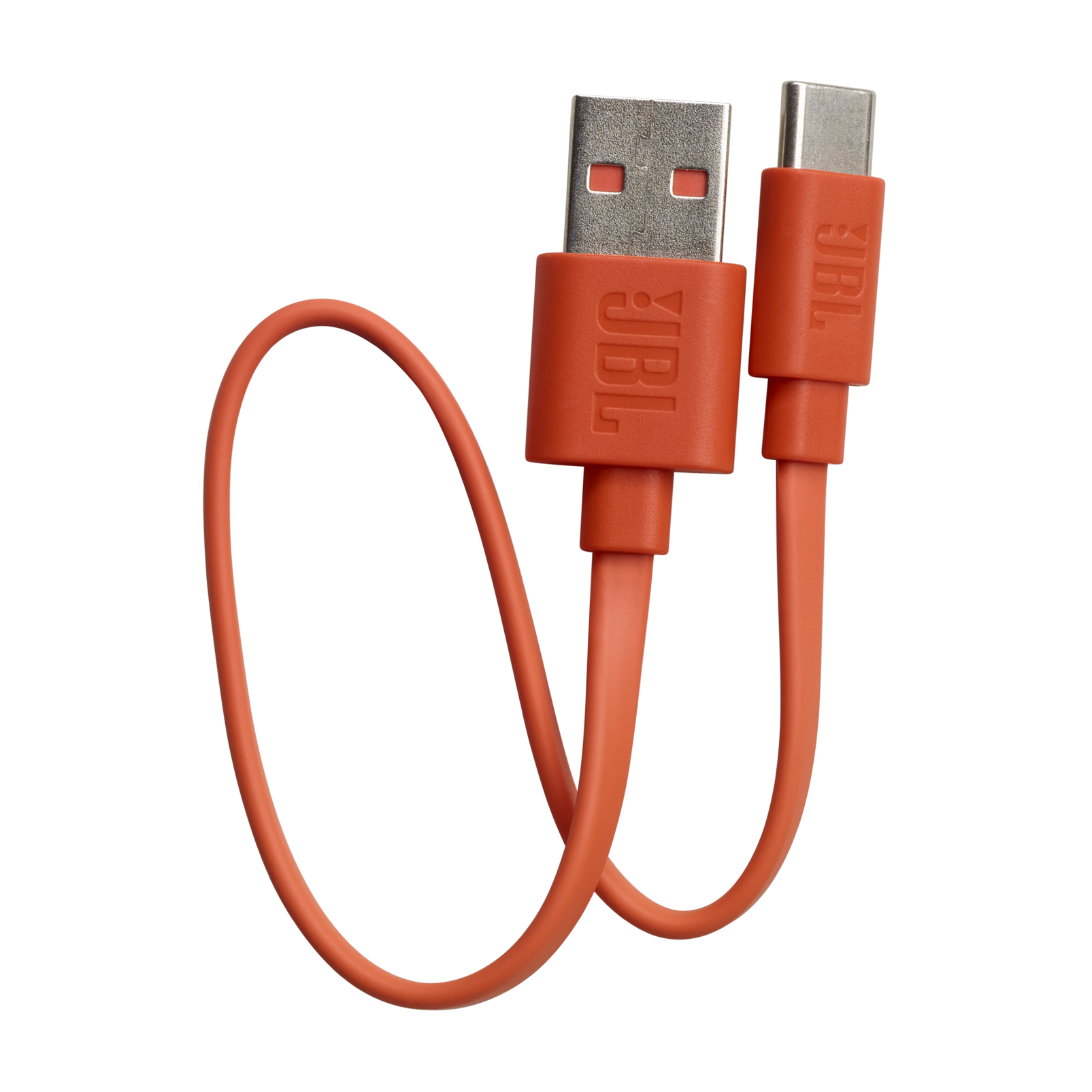 Un cable de carga USB naranja con el logotipo de JBL en el conector.
