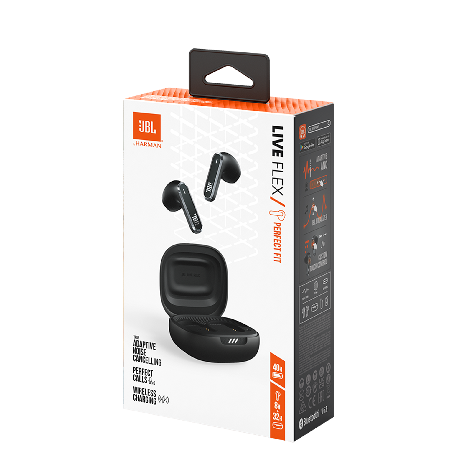 Auriculares en caja, blanco y negro. Caja con texto y gráficos. Auriculares y estuche de carga visibles.