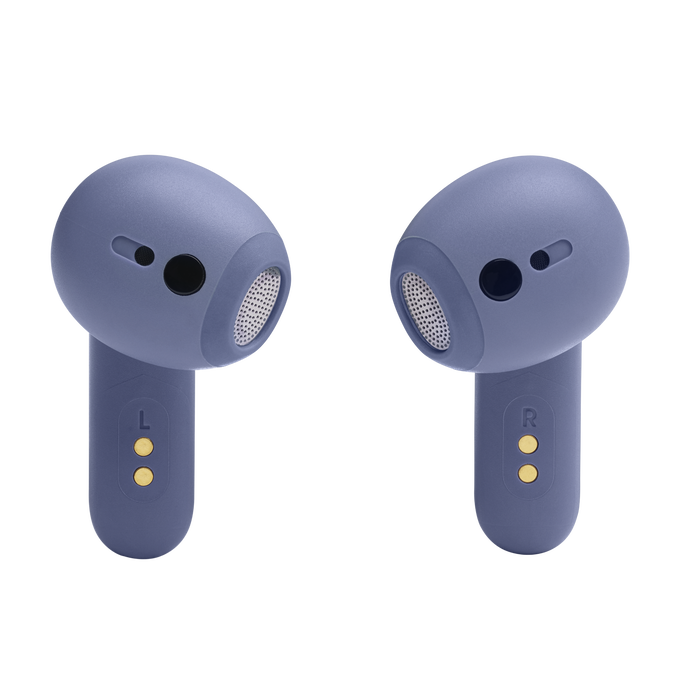 Dos auriculares inalámbricos azules sobre fondo negro.