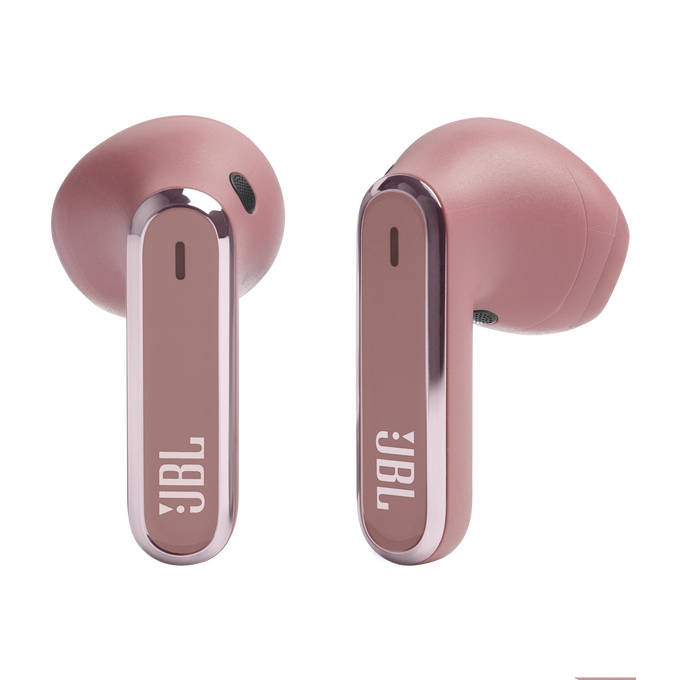Par de auriculares JBL rosas. Cada uno tiene un borde plateado y el logotipo de JBL.