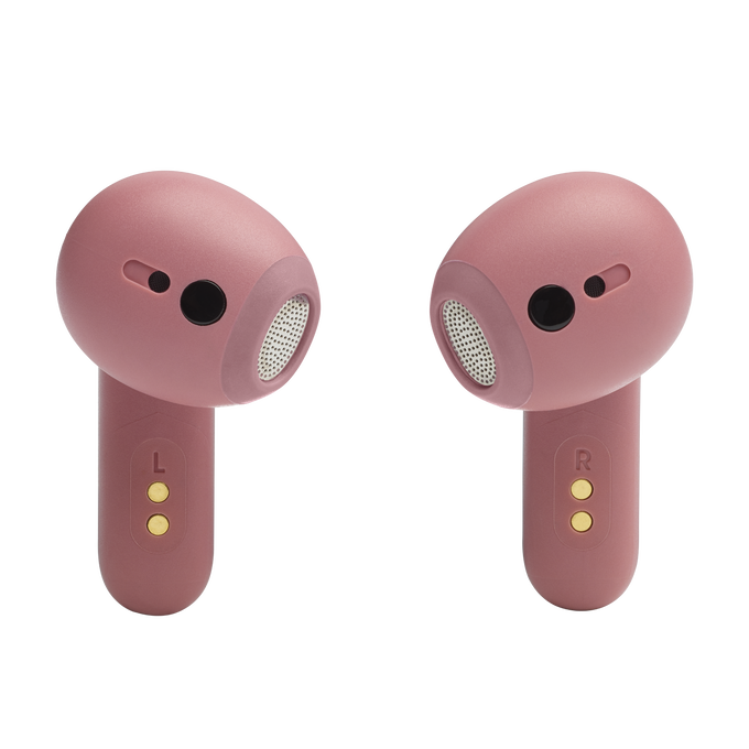 Dos auriculares inalámbricos rosas, izquierda y derecha, sobre fondo negro.