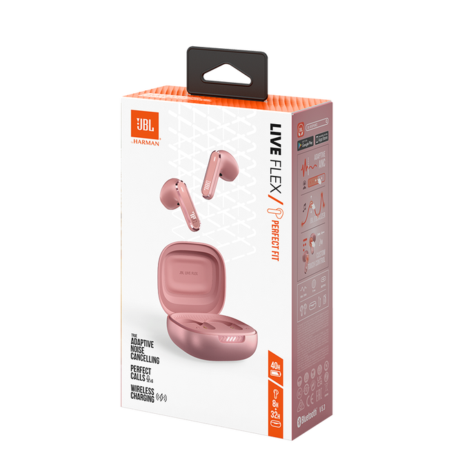 Auriculares JBL rosas y estuche de carga, con la caja mostrando características y marca.