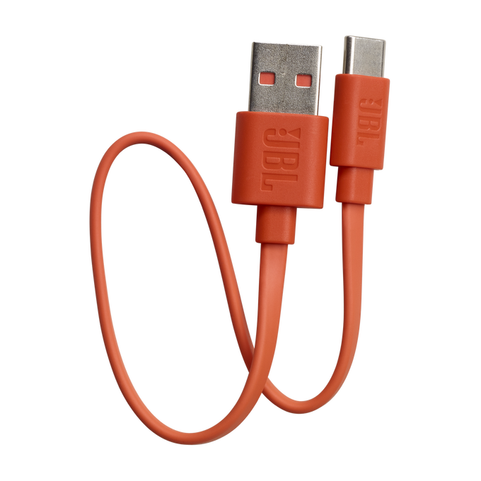 Cable USB JBL naranja con conectores USB y USB-C, angulado y enrollado.