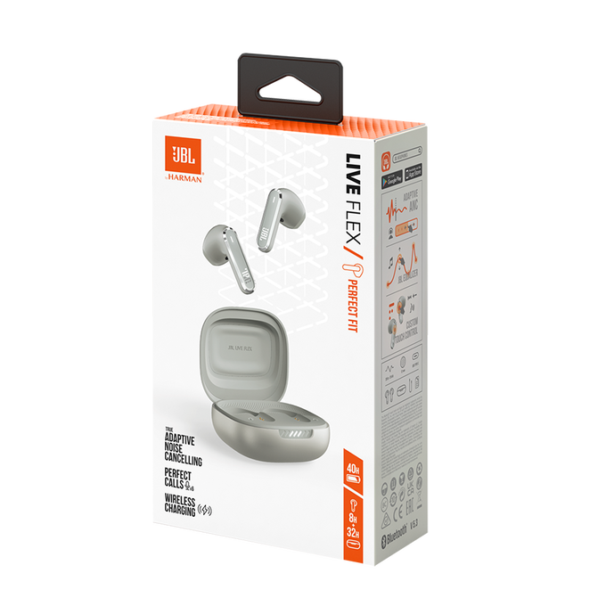 Auriculares JBL Live Flex en caja. La caja tiene texto e imágenes.