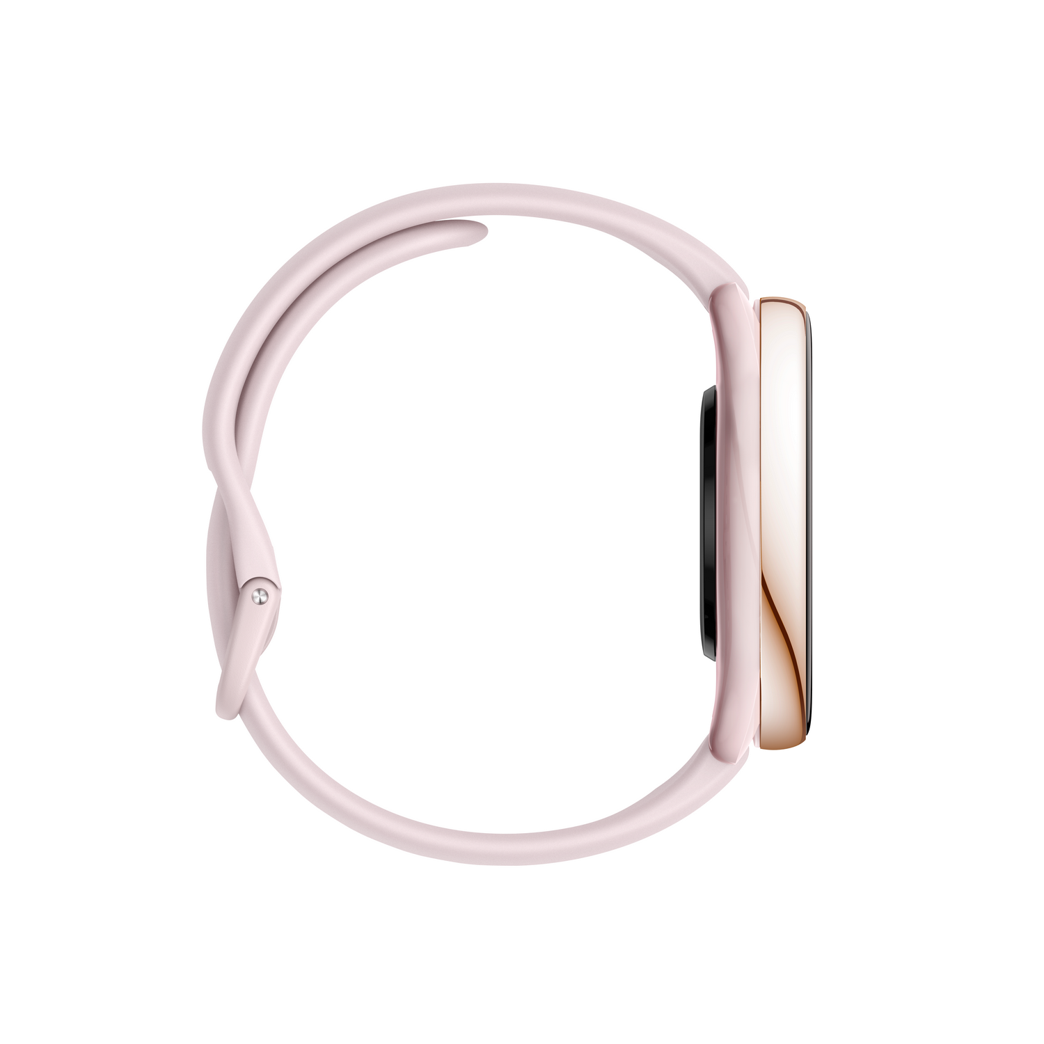 Un reloj inteligente rosa de lado. Tiene una correa rosa claro y una pantalla negra.