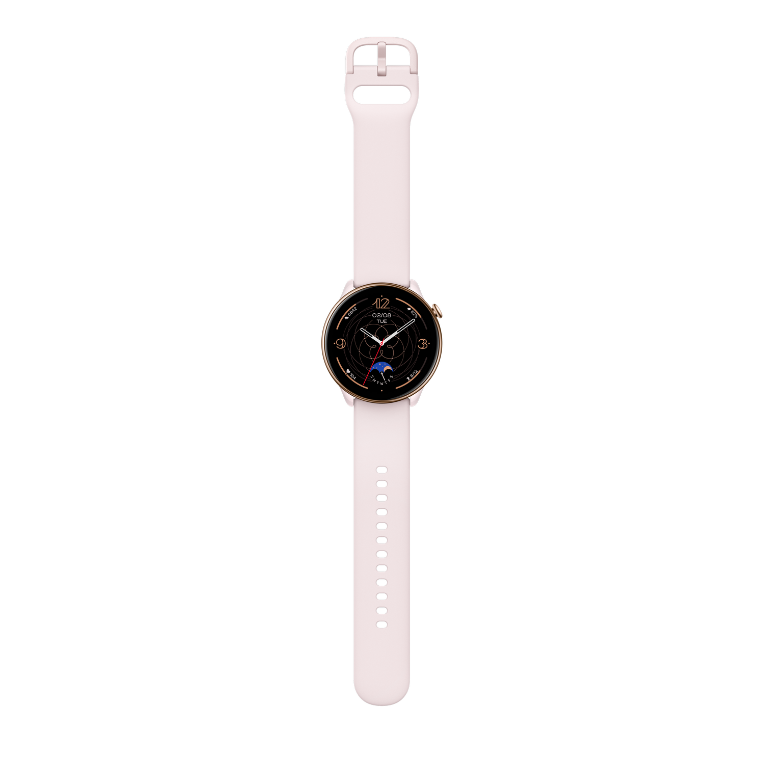 Un reloj inteligente con una correa blanca sobre un fondo negro. Tiene una esfera redonda de color dorado.