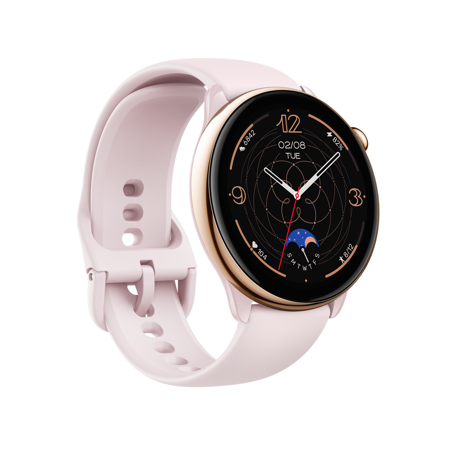 Reloj inteligente rosa con bisel dorado. Muestra una esfera digital.