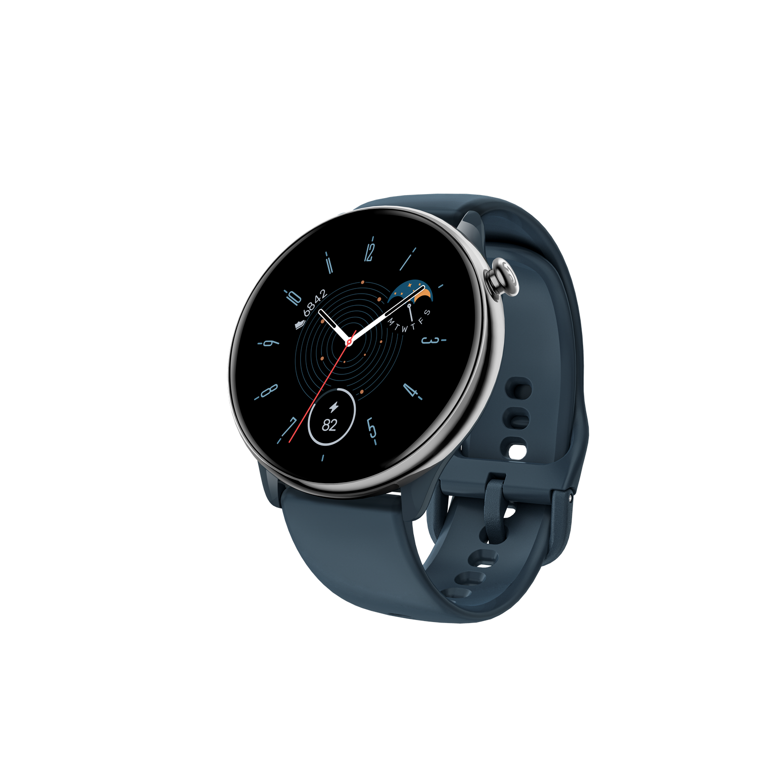 Un reloj inteligente con correa azul, que muestra la hora y otros datos.