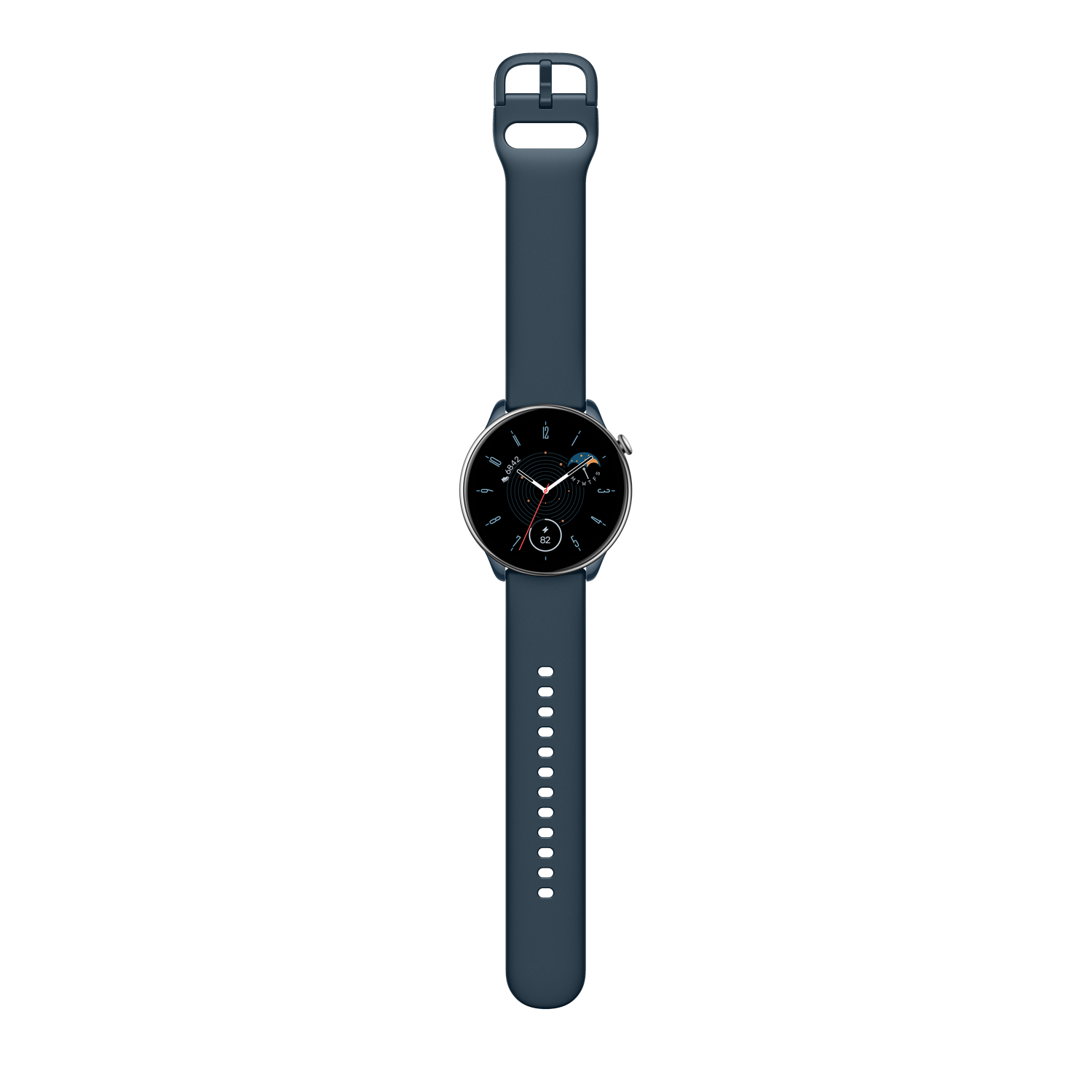 Un reloj inteligente azul sobre una superficie negra. Muestra la hora y otros datos.