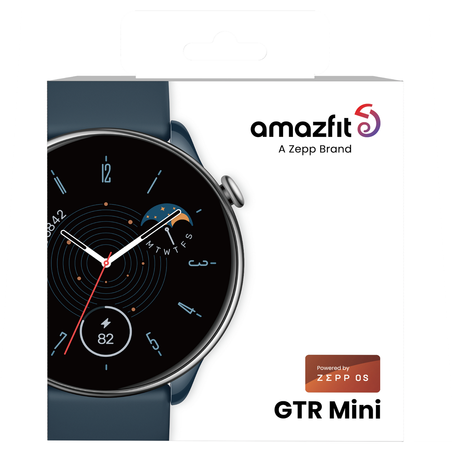 Caja de smartwatch Amazfit GTR Mini. La esfera muestra la hora y la fase lunar.