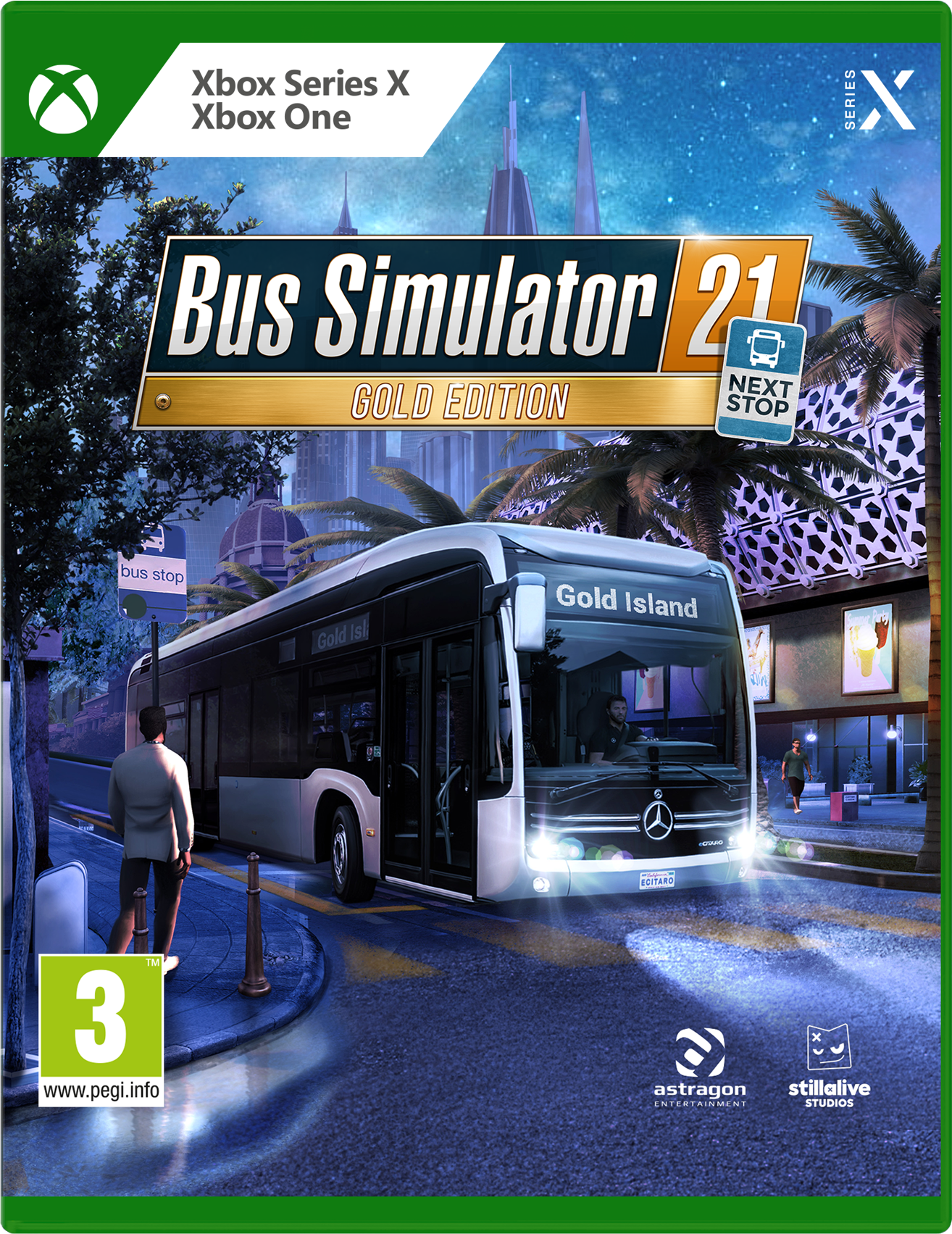 Boîte de jeu pour Bus Simulator 21, avec un bus dans une rue de la ville et le titre du jeu.