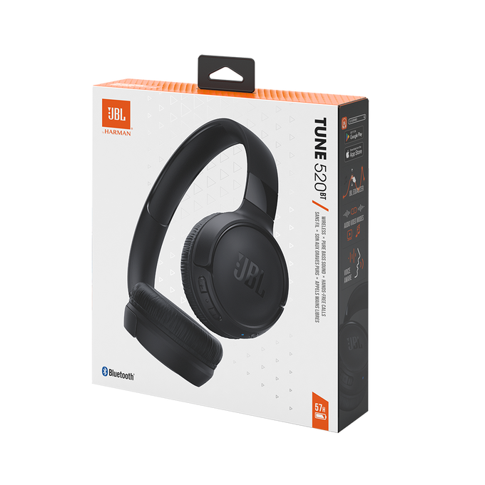 Caja de auriculares JBL Tune 520BT. Imagen de auriculares negros. Caja blanca.