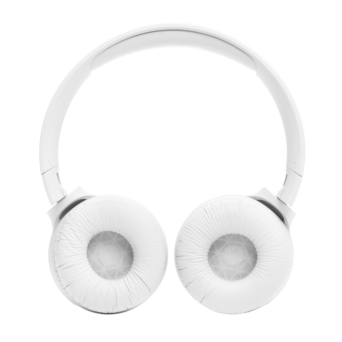 Auriculares blancos, vista cenital, aislados sobre fondo negro.