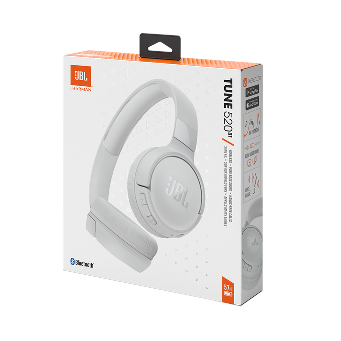 Auriculares JBL blancos en una caja. La caja muestra los auriculares e información.