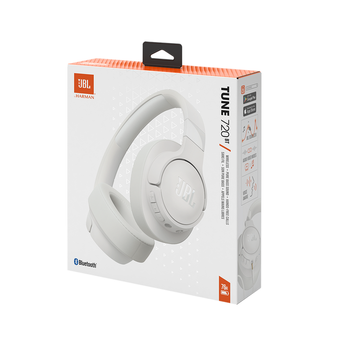 Auriculares JBL blancos en una caja con gráficos.