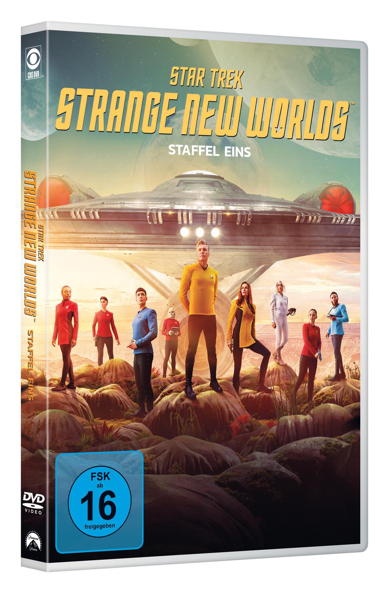 Star Trek: Strange New Worlds DVD-Hülle mit Cast auf dem Cover, Weltraumhintergrund.