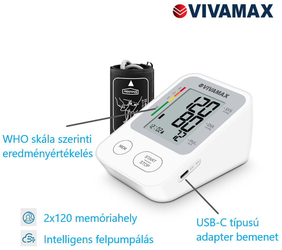 Egy Vivamax vérnyomásmérő mandzsettával, kijelzővel és feliratokkal.