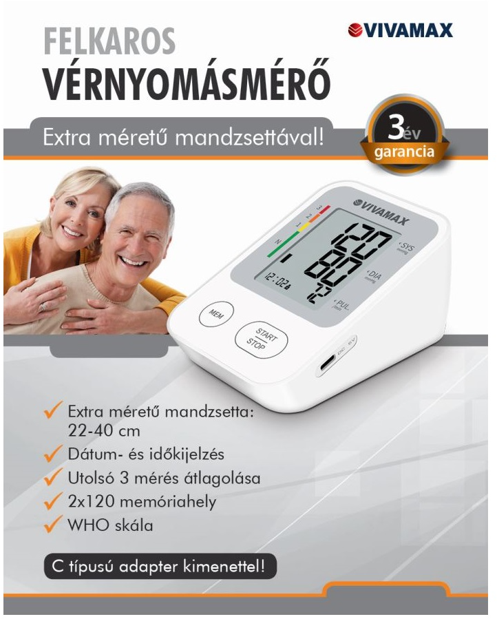 Vérnyomásmérő kijelzővel, mely leolvasásokat mutat, és egy boldog pár.