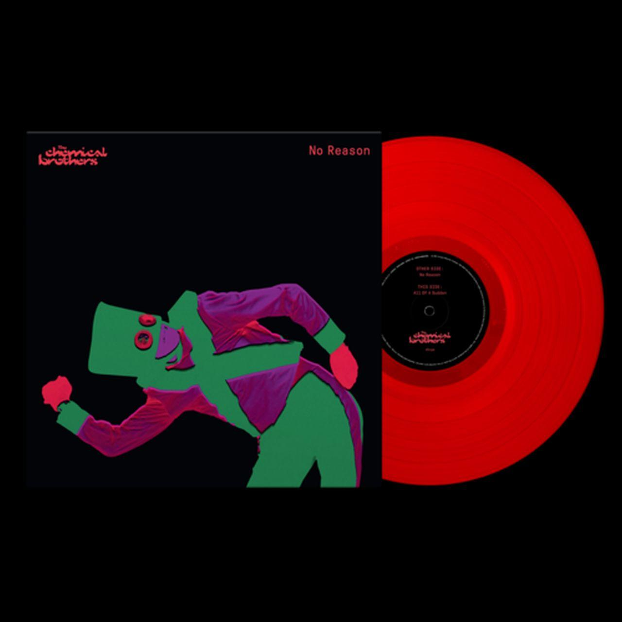 Albumcover mit grüner Figur, rote Vinyl-Schallplatte, schwarzer Hintergrund, Text.
