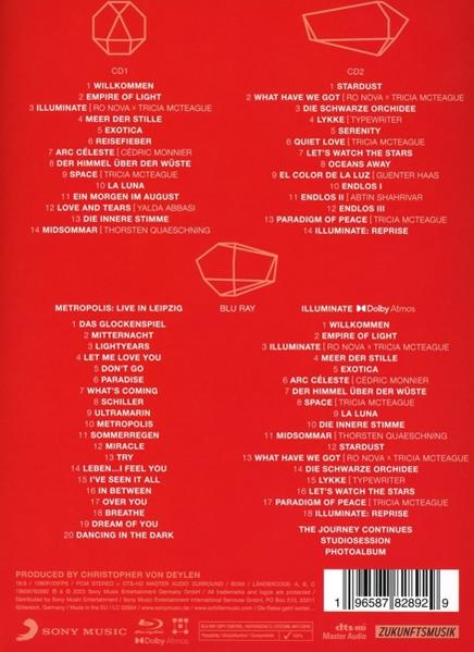 Rückseite einer CD-Hülle, Auflistung der Songtitel auf Englisch und Deutsch mit Grafik.