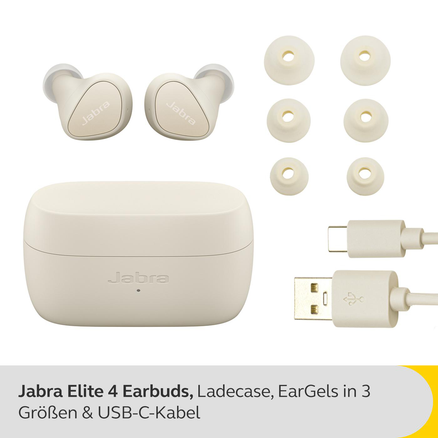 Weiße Ohrhörer, Ladecase, Ohrgel, und Kabel. Beige Farbe, weißer Hintergrund, Produktaufnahme.